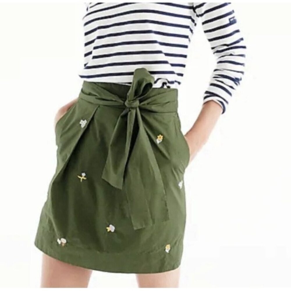 J Crew Women’s Green Floral Embroidered Tie Belt Mini Skirt Size 4